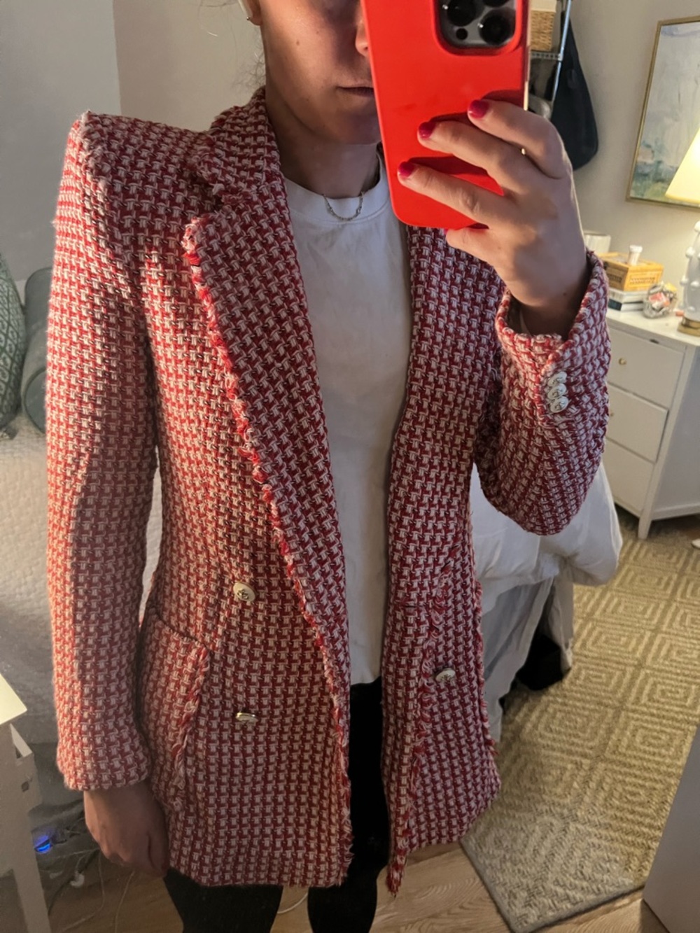 Zara Red Tweed Double-Breasted Blazer - Picture 2 of 2